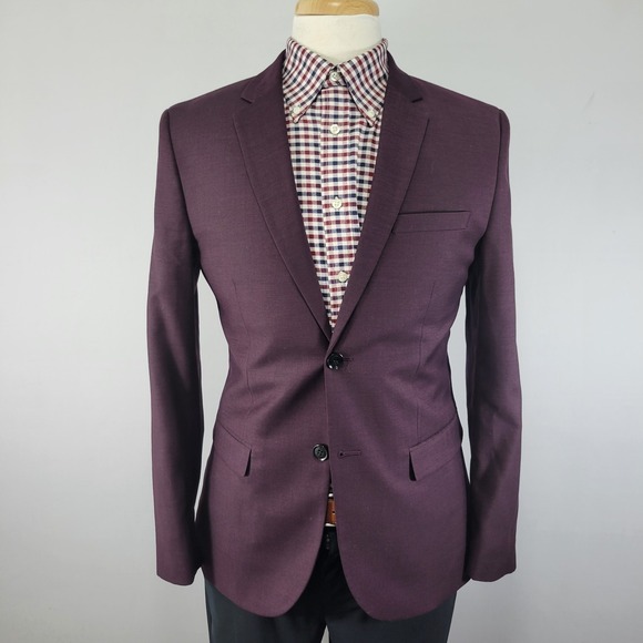 H&M Men's Sport Coat Blazer Two Button Burgundy Wool Blend Skinny Fit 40R